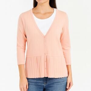Isaac Mizrahi Pink V Neck Cardigan Sweater Pleated Hem Medium